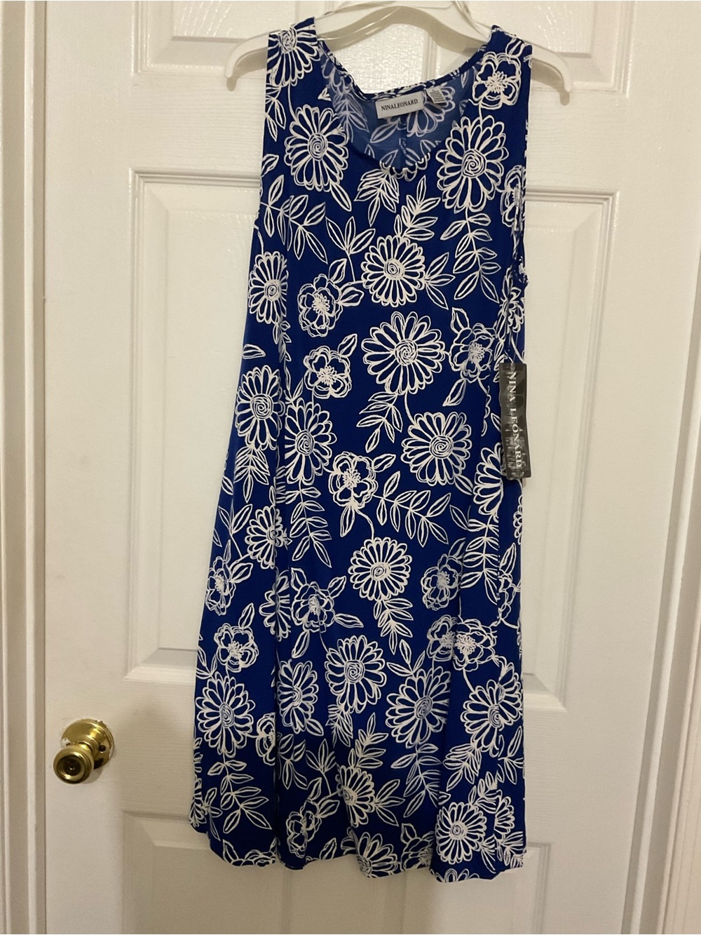 Nina Leonard Royal Blue and White Floral Sleeveless Dress
